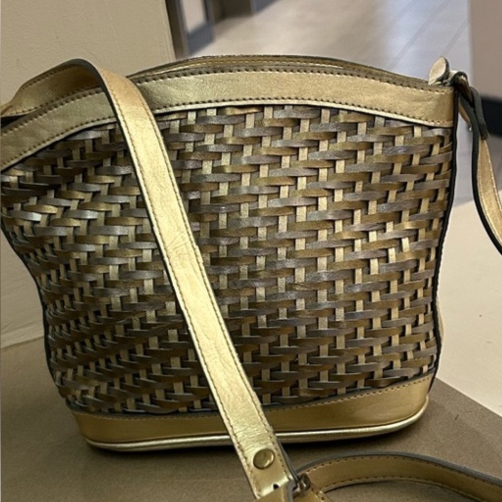 Bags by Marlo Gold and Brown Woven Crossbody Bag with Adjustable Strap